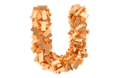 U harfi, altın külçelerden. Beyaz arkaplanda 3B görüntüleme izole edildi