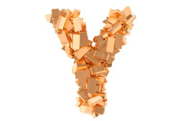 Y harfi, altın külçelerden. Beyaz arkaplanda 3B görüntüleme izole edildi