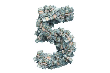 Dolar paketlerinden 5 numara. Beyaz arkaplanda 3B görüntüleme izole edildi