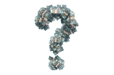 Dolar paketlerinden soru işareti. Finansal soru konsepti, beyaz arkaplanda 3D görüntüleme