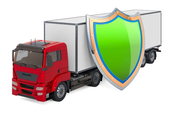 Lorry truck with shield, insurance and protect freight transportation concept. 3D rendering isolated on white background