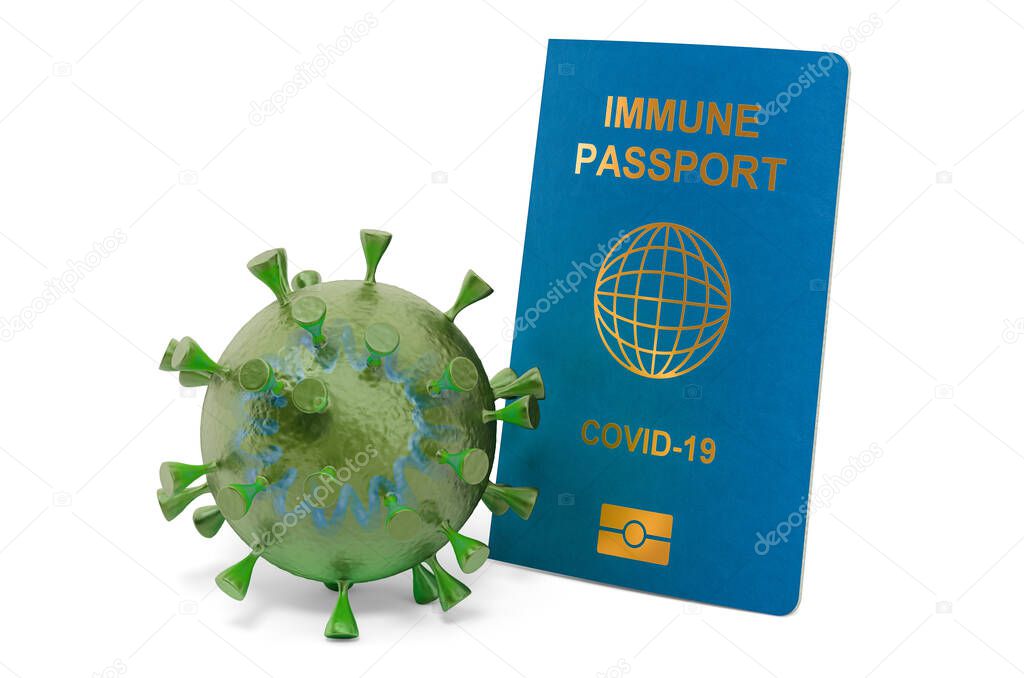 Immune passport with coronavirus, 3D rendering isolated on white background