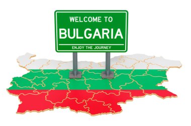 Bulgaristan 'a Hoşgeldiniz, Bulgaristan haritasında 3D görüntüleme beyaz arka planda izole edildi