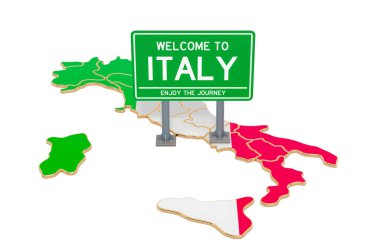 İlan tahtası İtalyan haritasında İtalya 'ya hoş geldiniz, 3D görüntüleme beyaz arka planda izole edildi