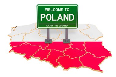 Polonya haritasında Polonya 'ya hoş geldiniz, 3 boyutlu resim beyaz arka planda izole edildi
