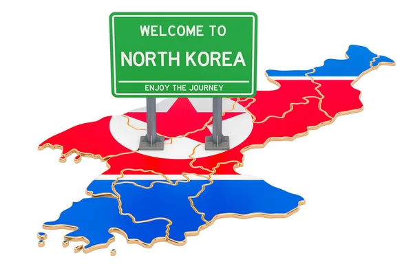 Billboard Welcome North Korea North Korean Map 렌더링 — 스톡 사진
