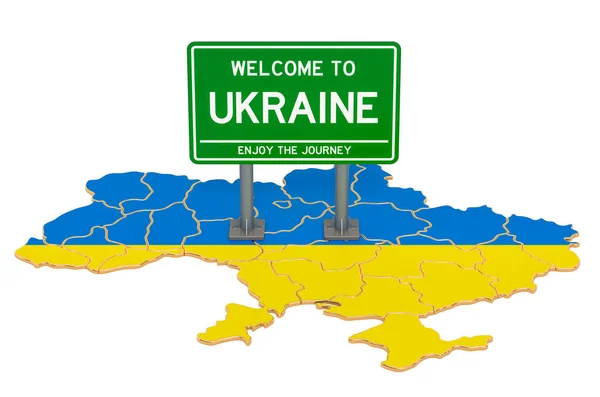 Billboard Welcome Ukraine Ukrainian Map Rendering Isolated White Background — Stock Photo, Image