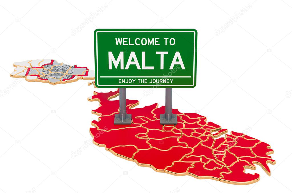 Billboard Welcome to Malta on Maltese map, 3D rendering isolated on white background