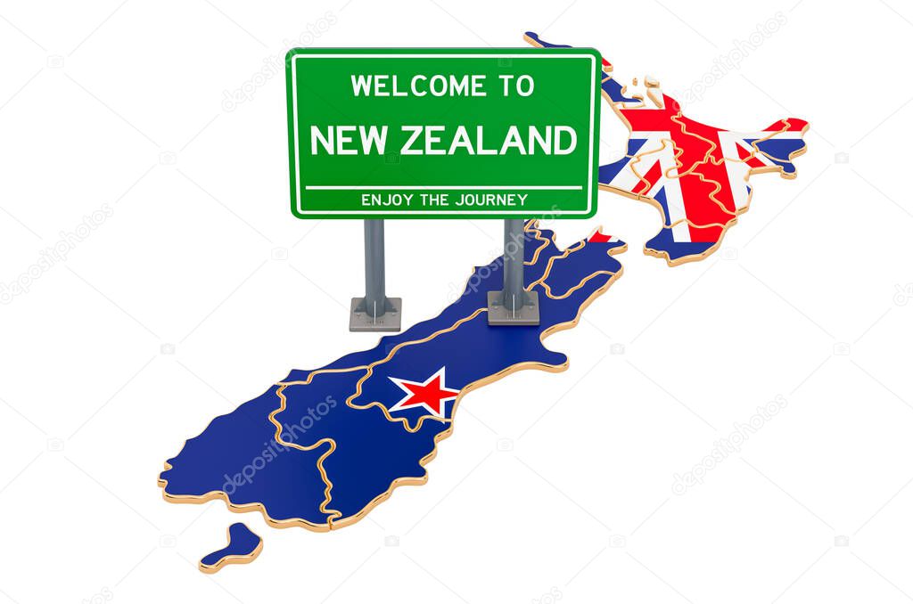 Billboard Welcome to New Zealand on New Zealand map, 3D rendering isolated on white background