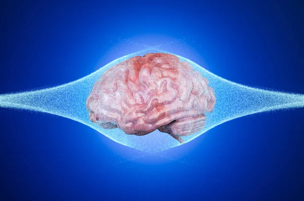 Ανθρώπινος Εγκέφαλος Φωτεινά Κύματα Απόδοση Μπλε Φόντο — Φωτογραφία Αρχείου