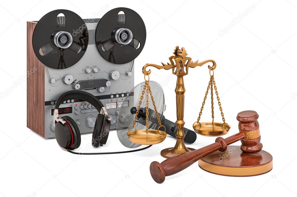 Covert listening device with wooden gavel and scales of justice. 3D rendering isolated on white background