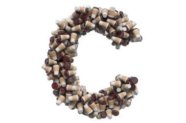 Tek kullanımlık kahve ya da çay bardaklarından C harfi, beyaz arka planda 3 boyutlu görüntüleme.