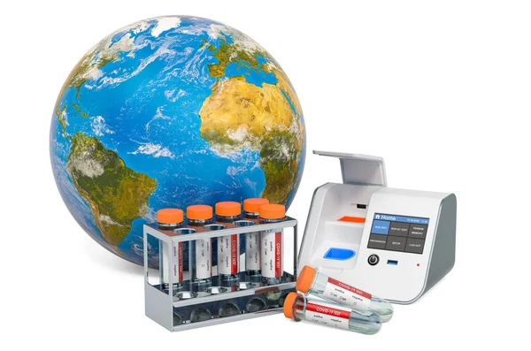 Global Covid Testing Concept Prueba Lab Box Con Earth Globe — Foto de Stock