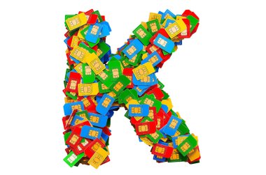 Renkli SIM kartlardan K harfi, beyaz arkaplanda 3 boyutlu görüntüleme