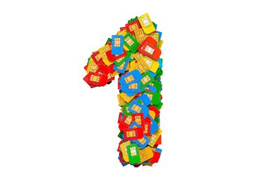 Renkli SIM kartlardan 1 numara, beyaz arkaplanda 3 boyutlu görüntüleme