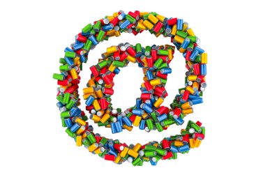 E-posta, renkli metalik içecek kutularından gelen işaretle, beyaz arkaplanda 3 boyutlu görüntüleme