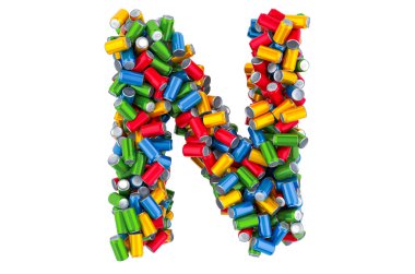 Renkli metalik içecek kutularından N harfi, beyaz arkaplanda 3 boyutlu görüntüleme