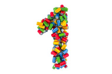 Renkli metalik içecek kutularından bir numara, beyaz arkaplanda 3 boyutlu görüntüleme