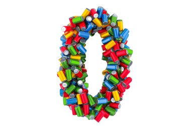 Renkli metalik içecek kutularından 0 numara, beyaz arkaplanda 3 boyutlu görüntüleme