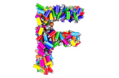 Renkli sprey boya kutularından F harfi, beyaz arkaplanda 3 boyutlu görüntüleme