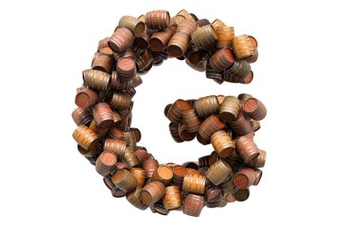 Tahta varillerden G harfi, beyaz arkaplanda 3 boyutlu görüntüleme.