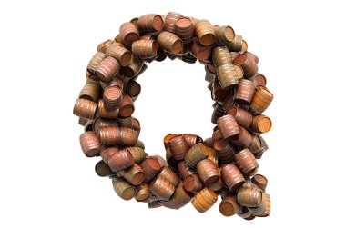 Tahta varillerden Q harfi, beyaz arkaplanda 3 boyutlu görüntüleme