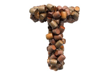 Tahta varillerden T harfi, beyaz arkaplanda 3 boyutlu görüntüleme.