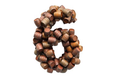 Tahta varillerden 6 numara, beyaz arka planda 3 boyutlu görüntüleme.