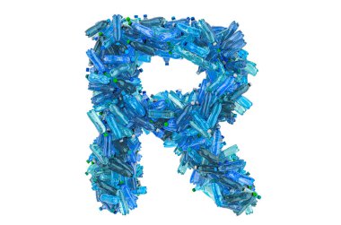 Plastik su şişelerinden R harfi, beyaz arkaplanda 3 boyutlu görüntüleme