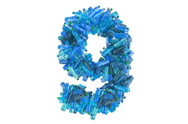Plastik su şişelerinden 9 numara, beyaz arkaplanda 3 boyutlu görüntüleme.