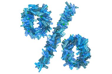 Plastik su şişelerindeki yüzde sembolü, beyaz arkaplanda 3 boyutlu görüntüleme