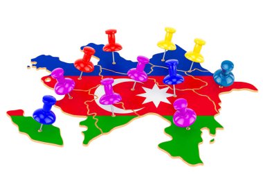 Renkli raptiyeli Azerbaycan haritası, beyaz arkaplanda 3 boyutlu görüntüleme