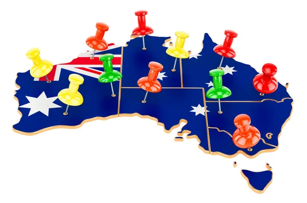 Map Australia Colored Push Pins Rendering Isolated White Background — Stock Photo, Image