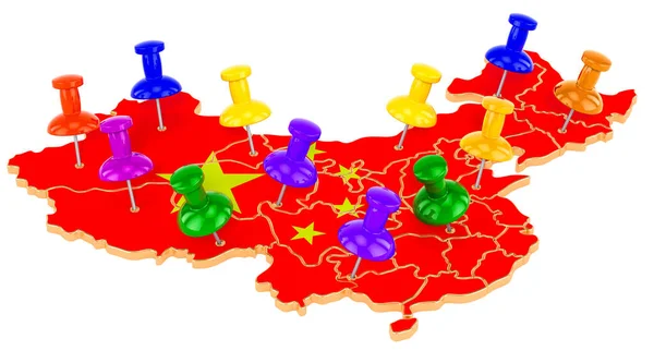 白色の背景に孤立した3Dレンダリング 色のプッシュピンを持つ中国の地図 — ストック写真