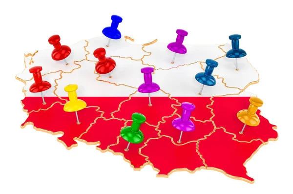 Карта Польщі Кольоровими Шпильками Рендеринг Ізольований Білому Тлі — стокове фото
