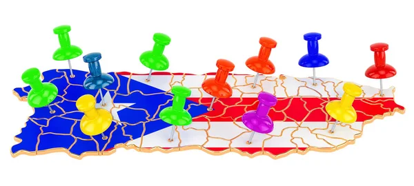 Mapa Portoryko Kolorowymi Pinami Renderowanie Odizolowane Białym Tle — Zdjęcie stockowe