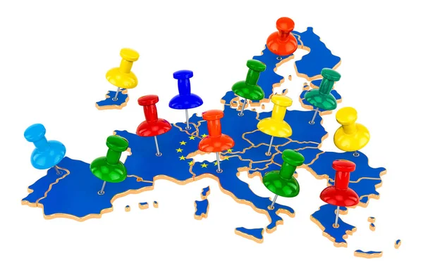 带有彩色推杆的欧洲联盟地图 在白色背景上隔离的3D渲染 — 图库照片