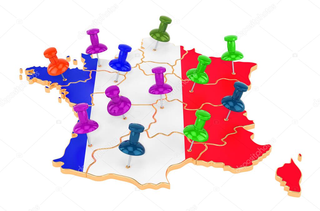 Map of France with colored push pins, 3D rendering isolated on white background
