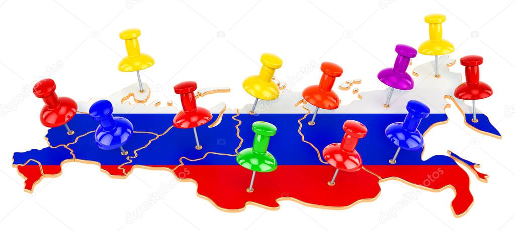 Map of Russia with colored push pins, 3D rendering isolated on white background