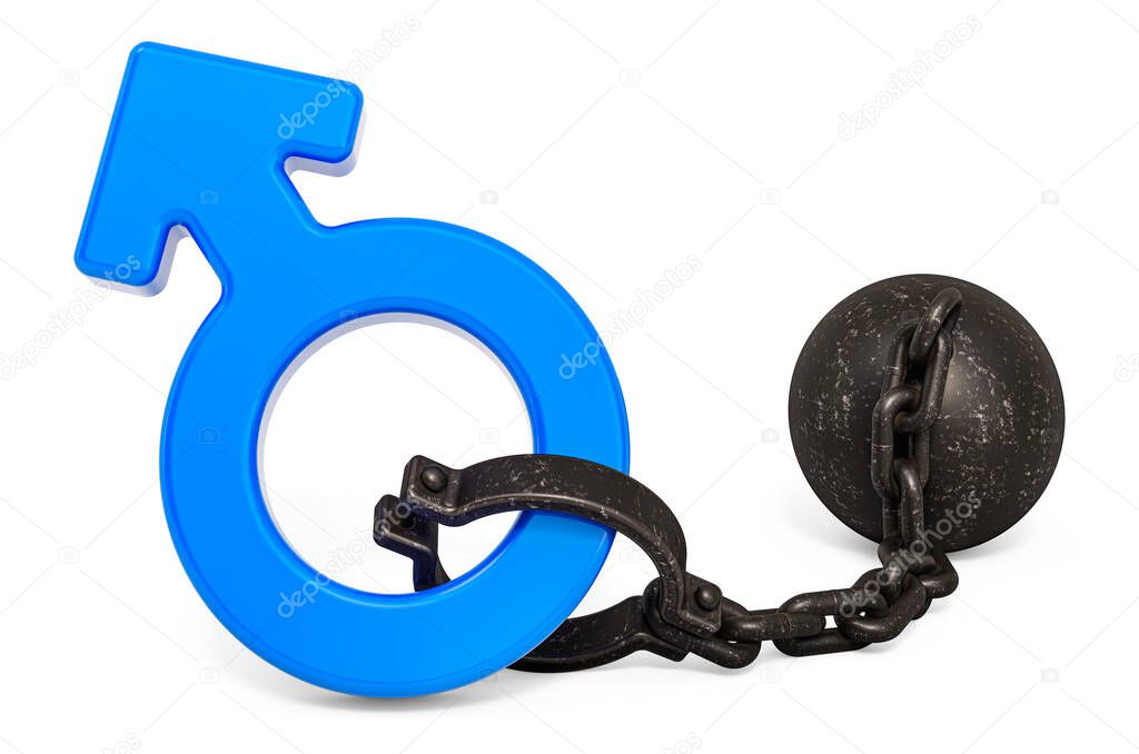 Male gender symbol with prison shackle, 3D rendering isolated on white background