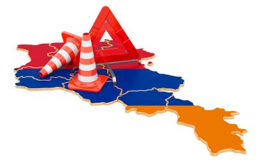Trafik konileri ve uyarı üçgeniyle Ermeni haritası, beyaz arkaplanda 3 boyutlu görüntüleme