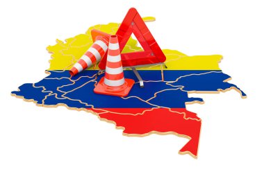 Trafik konileri ve uyarı üçgenli Kolombiya haritası, beyaz arkaplanda 3 boyutlu görüntüleme