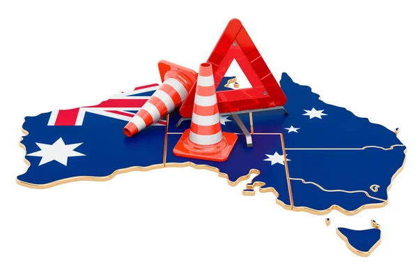Australijska Mapa Drogowskazami Trójkątem Ostrzegawczym Renderowanie Białym Tle — Zdjęcie stockowe