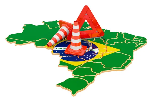 Бразильська Карта Конусами Руху Попереджувальним Трикутником Рендеринг Ізольований Білому Тлі — стокове фото