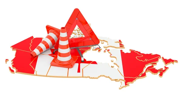 Canadese Kaart Met Verkeerskegels Waarschuwingsdriehoek Weergave Geïsoleerd Witte Achtergrond — Stockfoto