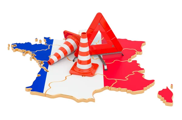 Mapa Francês Com Cones Tráfego Triângulo Aviso Renderização Isolada Sobre — Fotografia de Stock