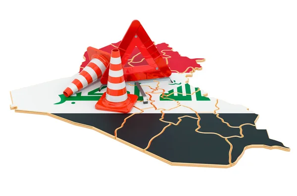 Mapa Iraquí Con Conos Tráfico Triángulo Advertencia Representación Aislada Sobre —  Fotos de Stock