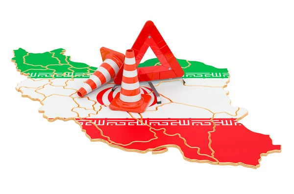Mapa Iraní Con Conos Tráfico Triángulo Advertencia Representación Aislada Sobre — Foto de Stock
