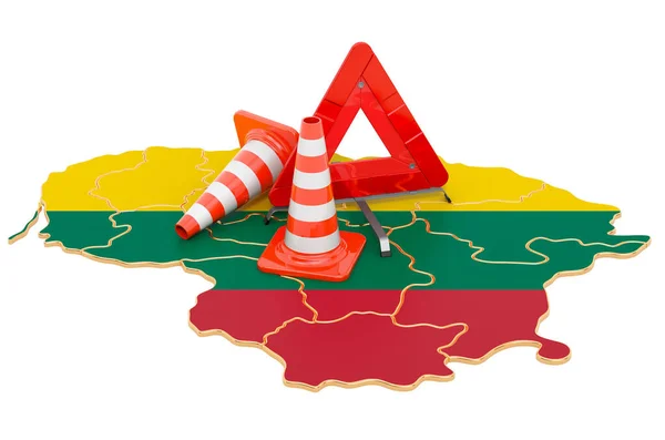Mapa Lituano Con Conos Tráfico Triángulo Advertencia Representación Aislada Sobre — Foto de Stock