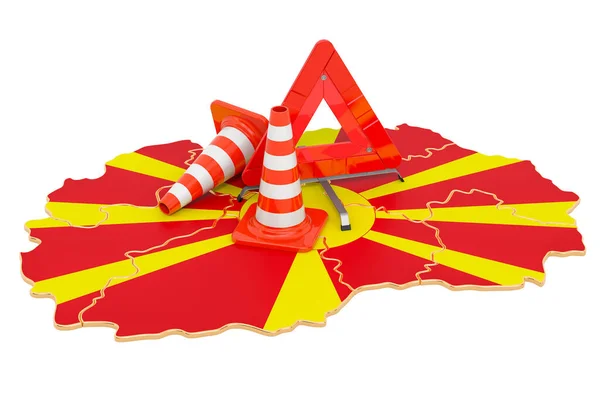 Macedonische Kaart Met Verkeerskegels Waarschuwingsdriehoek Weergave Geïsoleerd Witte Achtergrond — Stockfoto